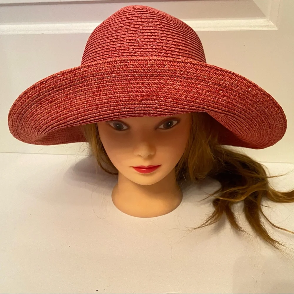 ERIC JAVITS HAT PINK WIDE BRIM STRAW SUN PACKABLE SQUISHEE USA - Picture 2 of 10